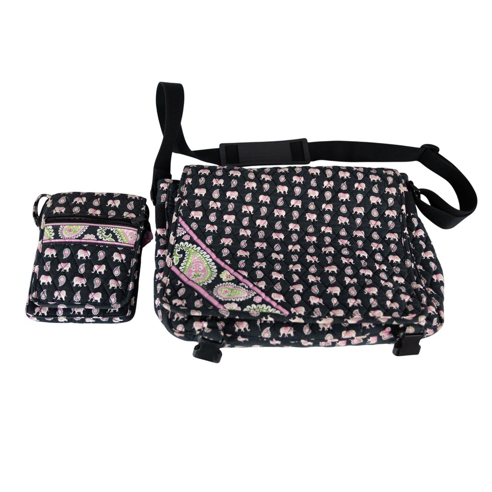 Vera Bradley Messenger Bag & Pouch Set Womens Pink Elephant March Good Quilt
